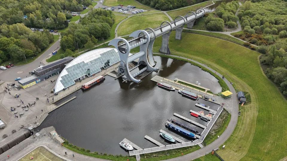 The Falkirk Wheel boat lift with the Union Canal above