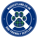 wagscotland.co.uk logo, tartan paw on a Saltire badge